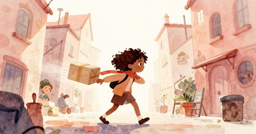 羅文肩扛包裹走入石塊小巷，背景明亮，輪廓清晰，展現冒險與堅毅情緒的開端。