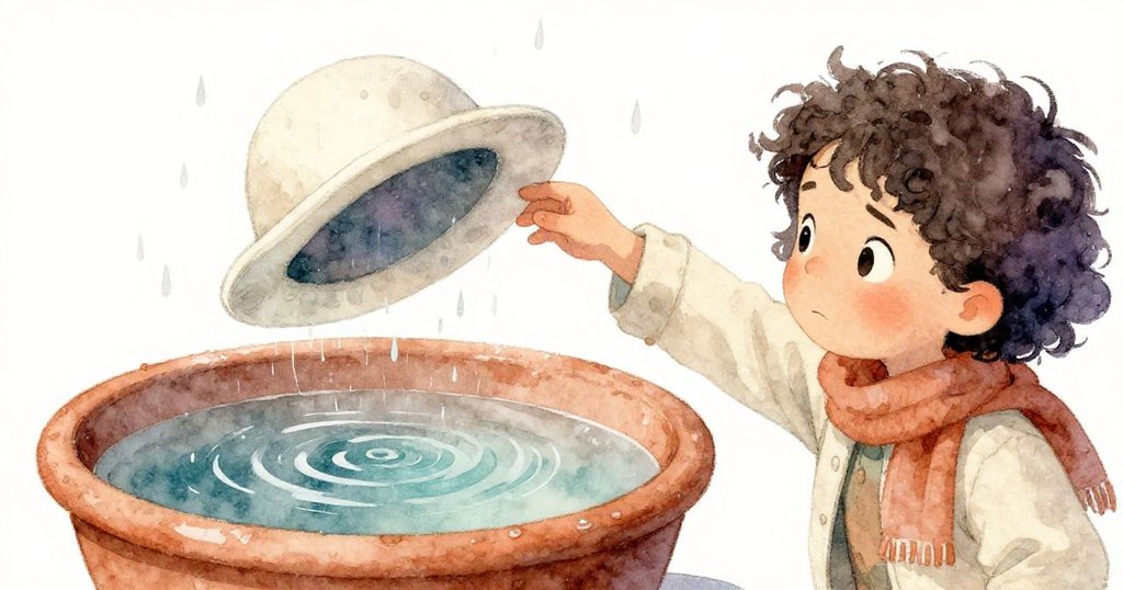 羅文蹲在雨水淋濕的陶盆旁，小心伸手取帽，盆面濕潤細膩，呈現出故事發展中的緊張情緒。