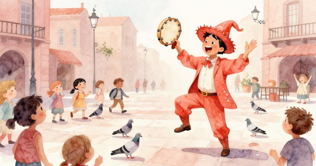 街頭藝人快樂敲打鈴鼓，孩子和鴿子四散奔逃，立體逾層次展現熱鬧現場，充滿活力與歡樂。