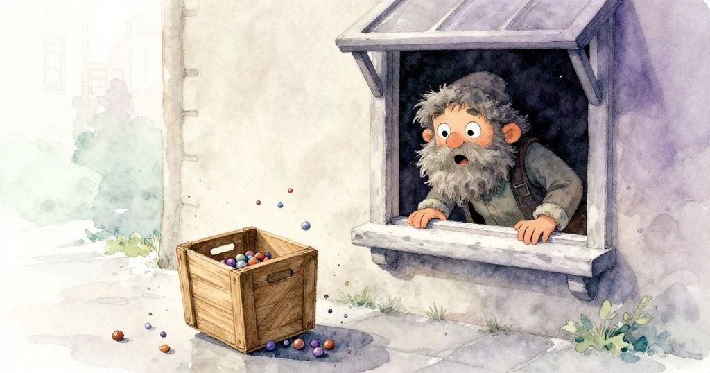 街坊隱士從上窗探出頭，驚訝目睹木箱落下散開彩色彈珠，展現故事轉折中的意外情緒。