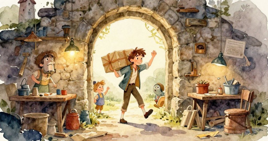 孩子們追逐著滾動的彈珠，在濕潤不平石板上留下動感軌跡，充滿活力與歡愉，呈現故事高潮瞬間。