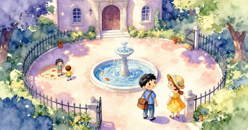 菲利克斯穿過生鏽鐵門踏入環繞古宅的花園,中午暖光中噴泉與錦鯉閃爍,孩子嬉戲增添歡樂氣氛。