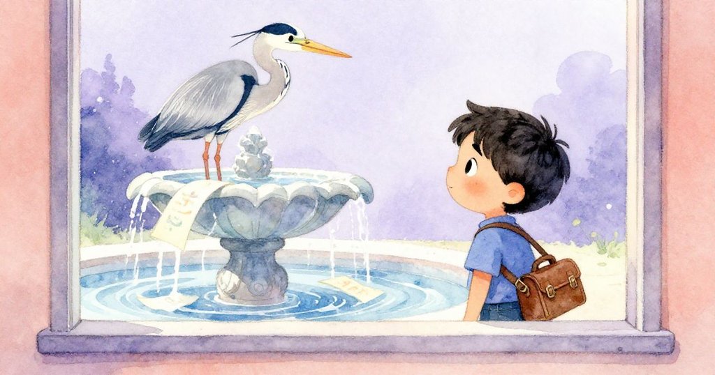 透過窗框觀看噴泉邊飛舞的畫頁與優雅灰鷺,Felix驚訝神情於背景浮現,光影交錯增添戲劇感。
