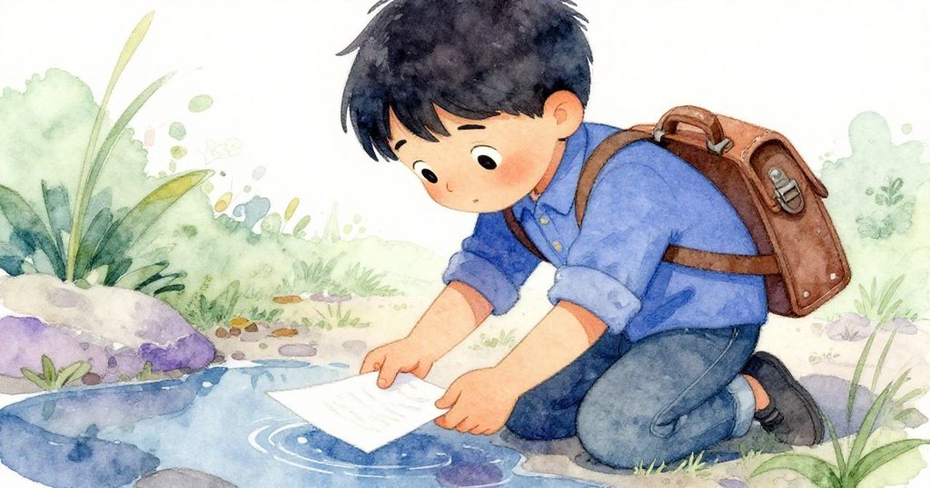 Felix彎腰在積水旁撿拾濕透的畫頁,神情專注而溫柔,恢復平靜氛圍中充滿藝術堅持。