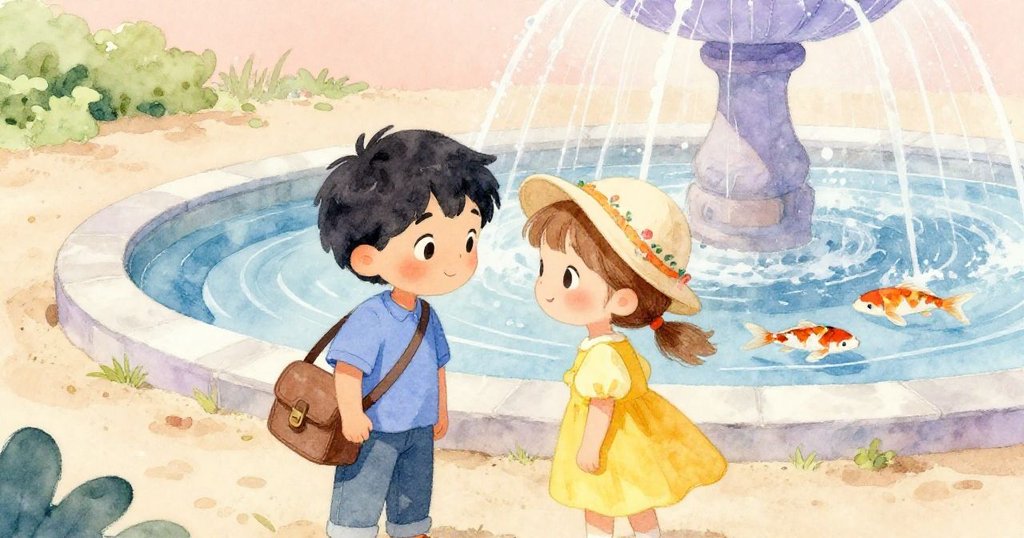 Felix與Mira並肩坐於庭園沙坑邊,彼此無聲微笑重聚,背景噴泉水花與錦鯉悠揚,展現新生藝術與友誼。