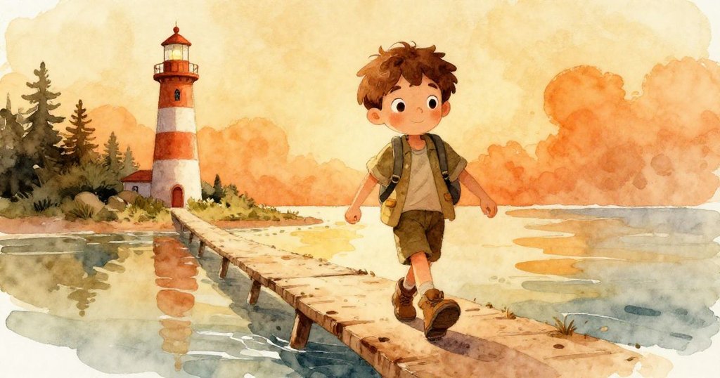 Leo穿過沙橋前往燈塔，輕鬆踏出冒險，海潮退去呈現古樸景致，充滿期待與決心。
