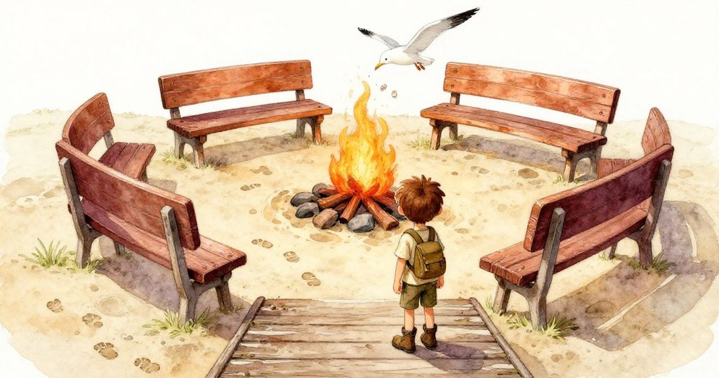 Leo停下腳步觀察沙橋上的老式長椅和腳印，一隻海鷗投下貝殼，喚起昨晚慶典的記憶。