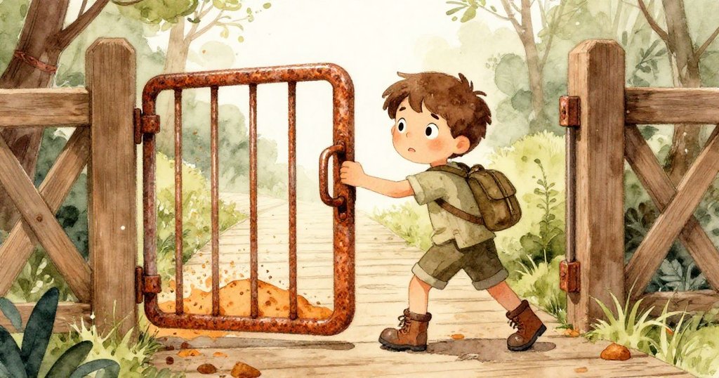 Leo在木質走道前拉動生鏽大門，神情堅定，隨著沙蝗四散，展現探索燈塔秘密的決心。