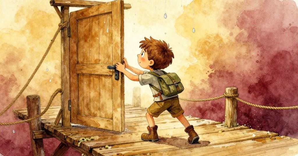 Leo在風微濕的木質走道上試推沉重的門板，邊緣濕漉流露出自然與人造物的交織情景。