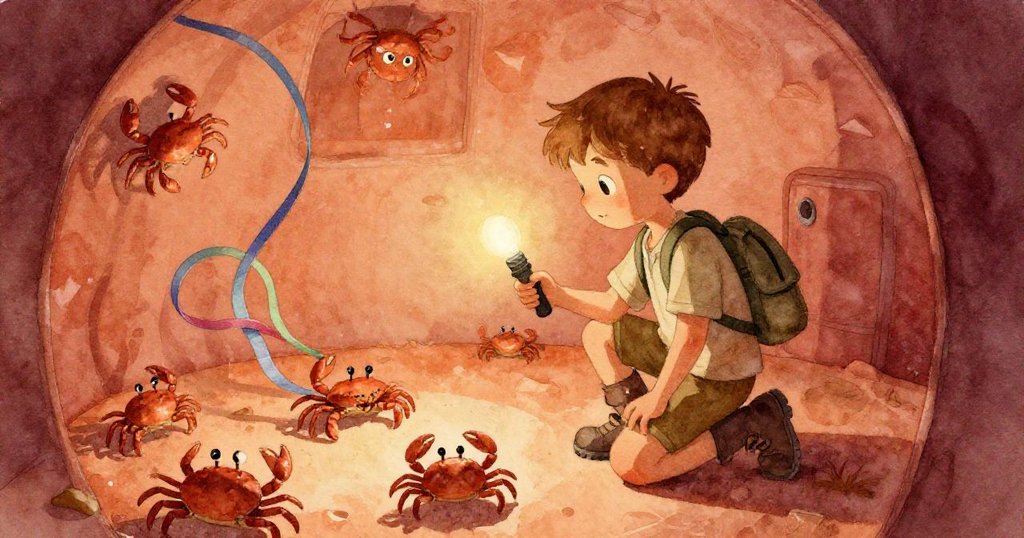 在燈塔昏暗室內，Leo蹲下拾起彩帶，神情驚喜，細微螃蟹四處爬行，點亮記憶夜晚歡慶。