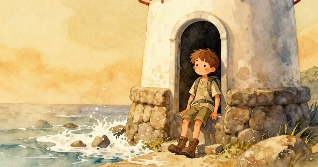 Leo在燈塔外安靜休憩，凝視著海浪中嬉戲的泡沫，柔和陽光映出海石，展現平靜與滿足的心情。