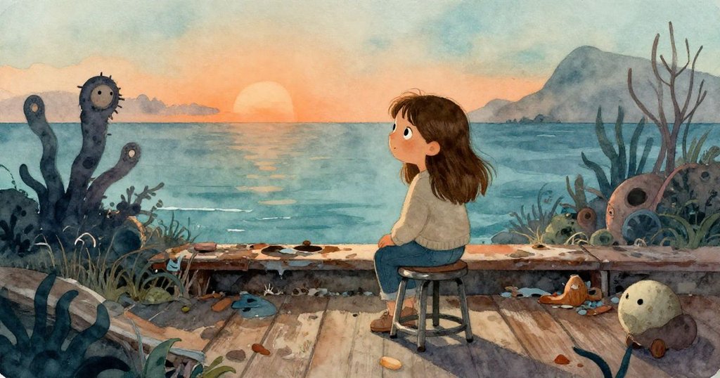 米拉在海角遺棄的海洋館前設置金屬凳子，晨光柔和，海水與斑駁木板交相輝映。