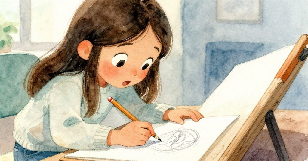 米拉專注於草圖，但驚訝中失手碰落鉛筆盒，她專注與工具相互互動。