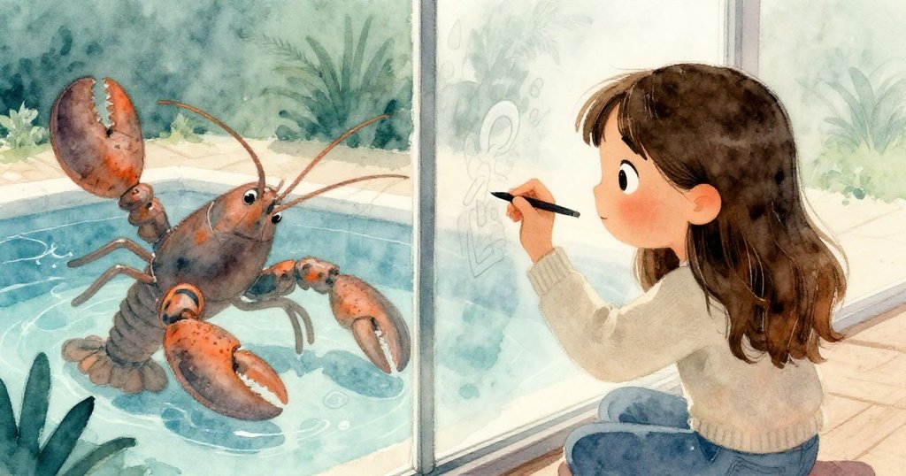 米拉透過模糊玻璃認真繪製，畫面分割展現玻璃內海池中蝦形雕像。