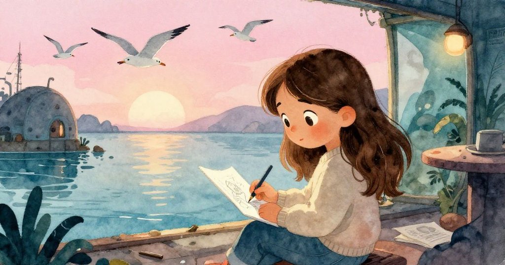 海鷗盤旋粉紅天空下，米拉快樂地完善草圖，背景與水面展現柔和光影。