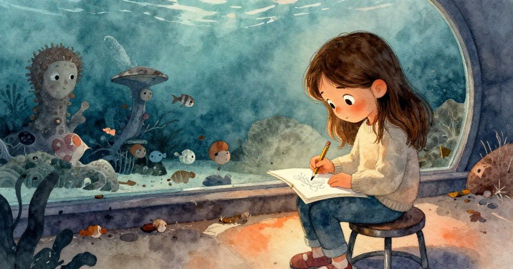 夕陽餘暉中，米拉合上草圖本，旁邊黃色鉛筆靜候解謎未完之故事。