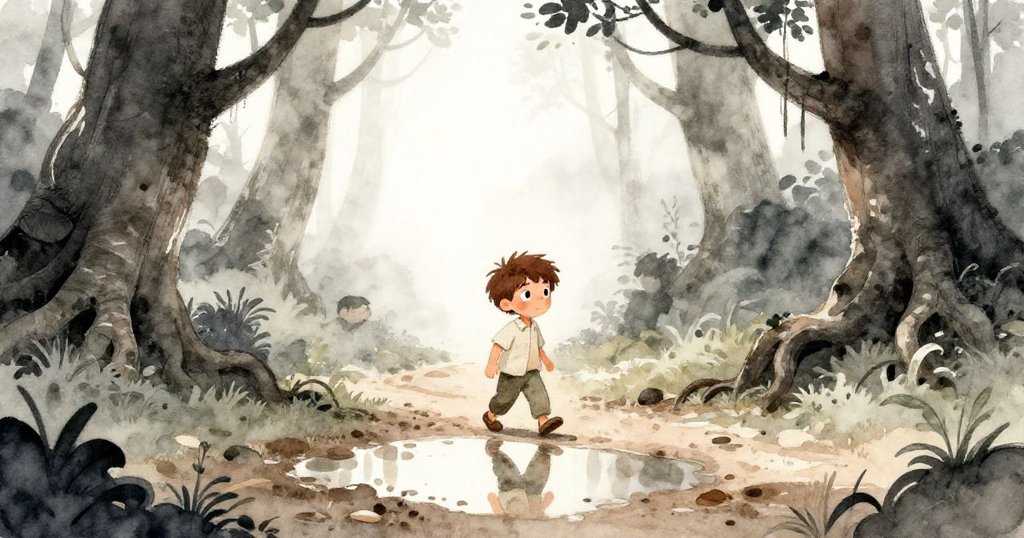 Leo穿著輕便棉襖走在濕潤叢林的泥土小徑上，背景有古老根莖和倒影，眼神堅定開始探險之旅