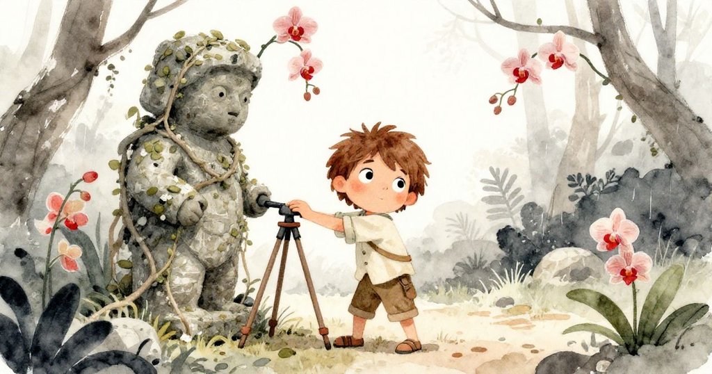 Leo在叢林中對著藤蔓覆蓋的古舊石像調整三腳架，周圍懸掛蘭花，神情專注、充滿探險精神