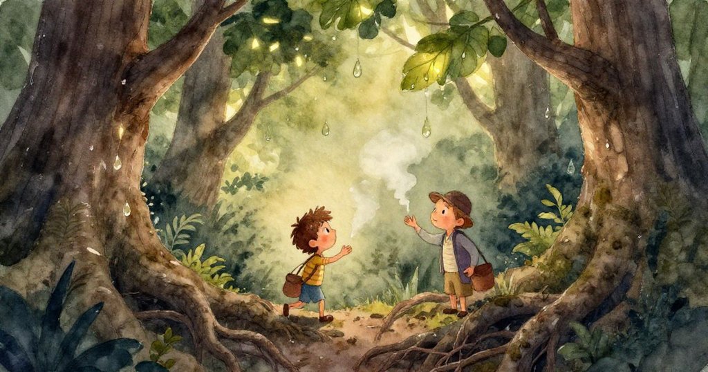 Leo用布輕輕擦拭相機鏡頭，鏡面閃爍著露珠，決心捕捉完美瞬間，背景隱約呈現叢林風情