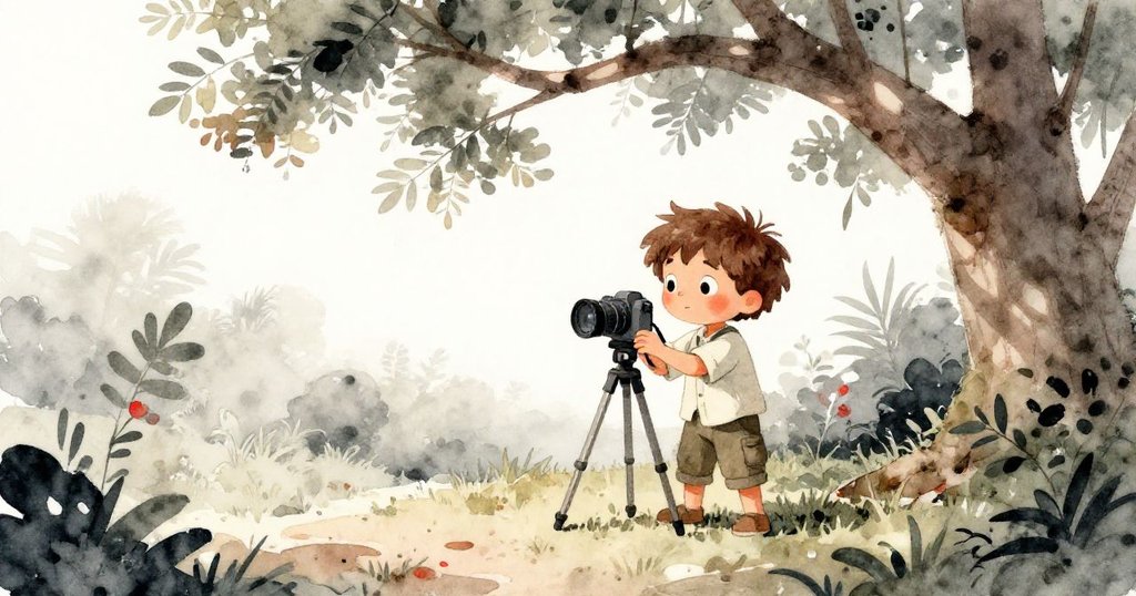 陽光透過樹葉灑落，Leo站在森林空地下調整相機三腳架，神情專注，等待完美時刻