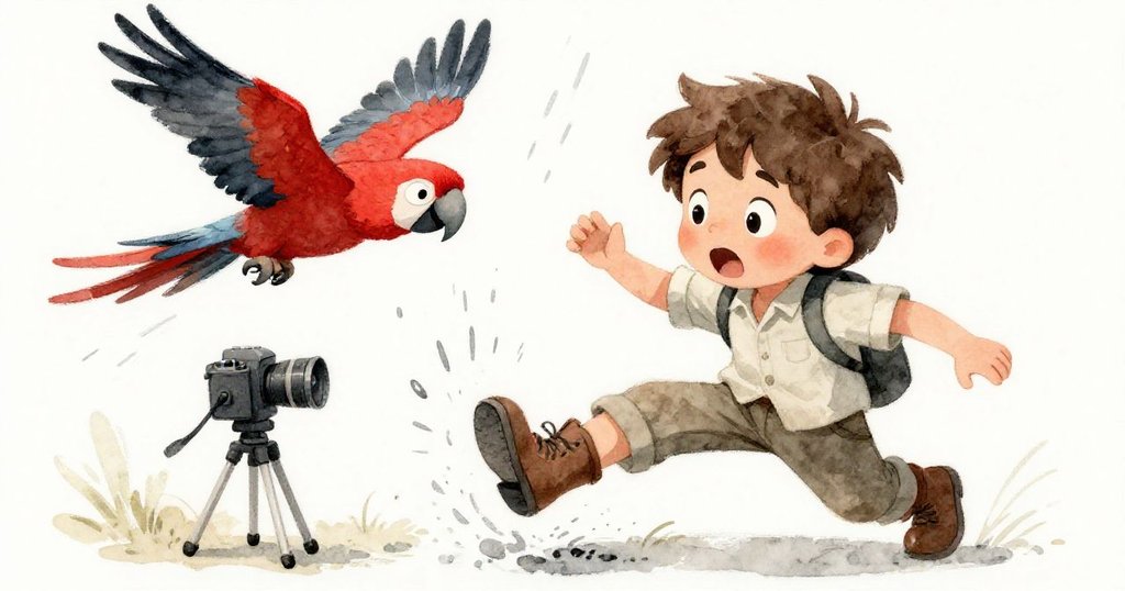 Leo因腳滑露出驚訝神情，身旁鮮紅金剛鸚鵡低飛掠過，雨滴四散，動作充滿緊張與活力