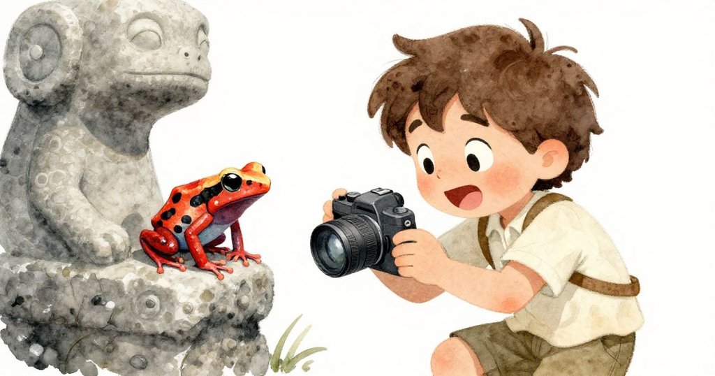 Leo驚訝地注視著相機螢幕，古舊石像上一隻鮮豔毒箭蛙靜靜棲息，畫面充滿魔幻與驚喜