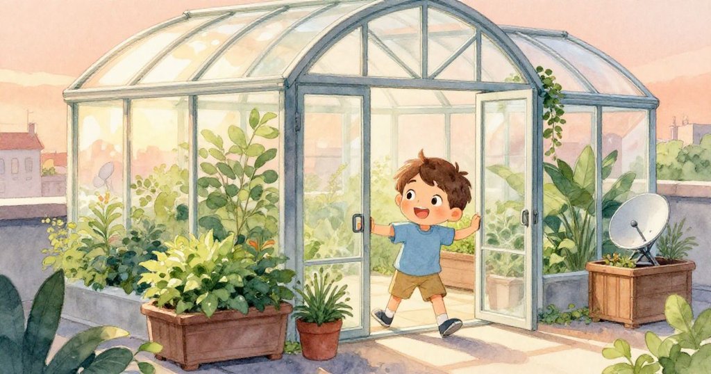 Lucas在明亮晨光中推開玻璃溫室門，背景中整齊的花槽和小型衛星盤映襯出他充滿期待的眼神，開始冒險。