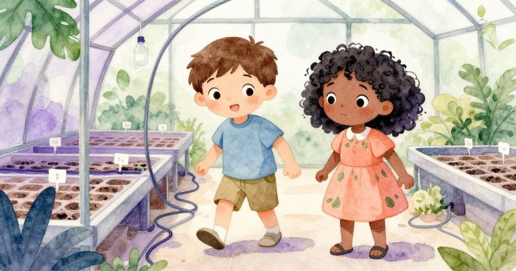 Lucas與Mira踏在溫室地板上，腳印清晰，近處可見精美標籤的種子盤與盤繞的纜線，充滿發現與好奇。