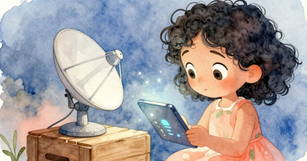 Mira聚精會神地調整小型衛星盤，手中平板顯示閃爍數據，她專注的神情映襯著背景模糊的溫室。