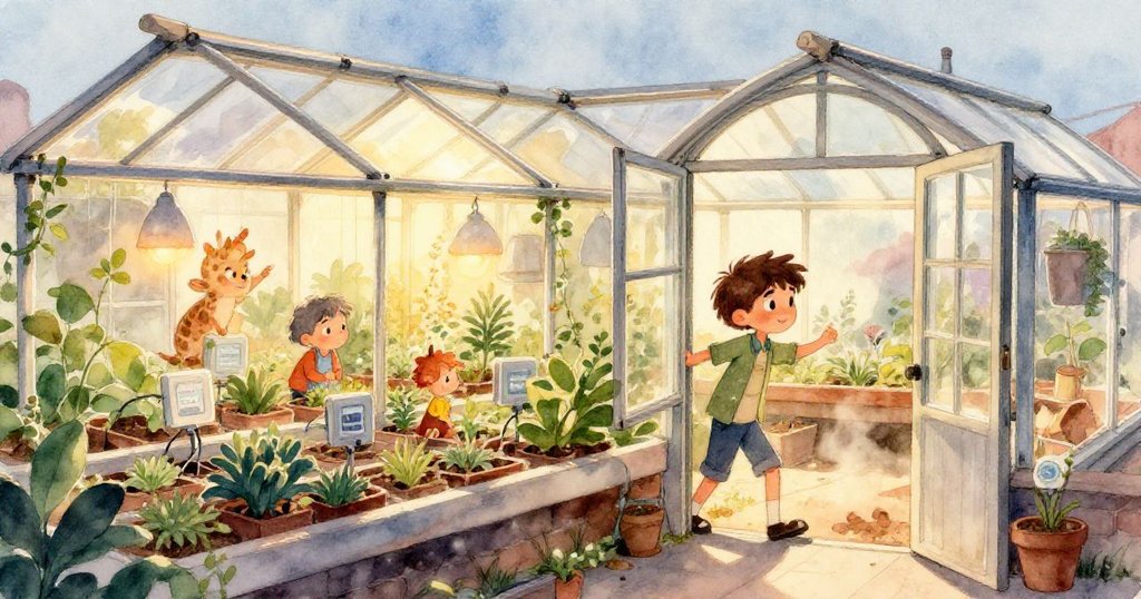 溫室內自動噴霧器和通風口啟動，薄霧變淡，玻璃上閃耀著晶亮水珠，整體氛圍夢幻靜謐。