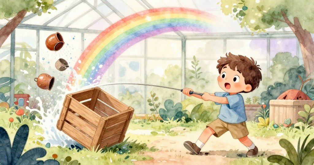 Lucas用力拉纜線導致木箱傾斜，水花飛濺形成彩虹，他驚訝與關切的神情與動態的溫室場景交織在一起。