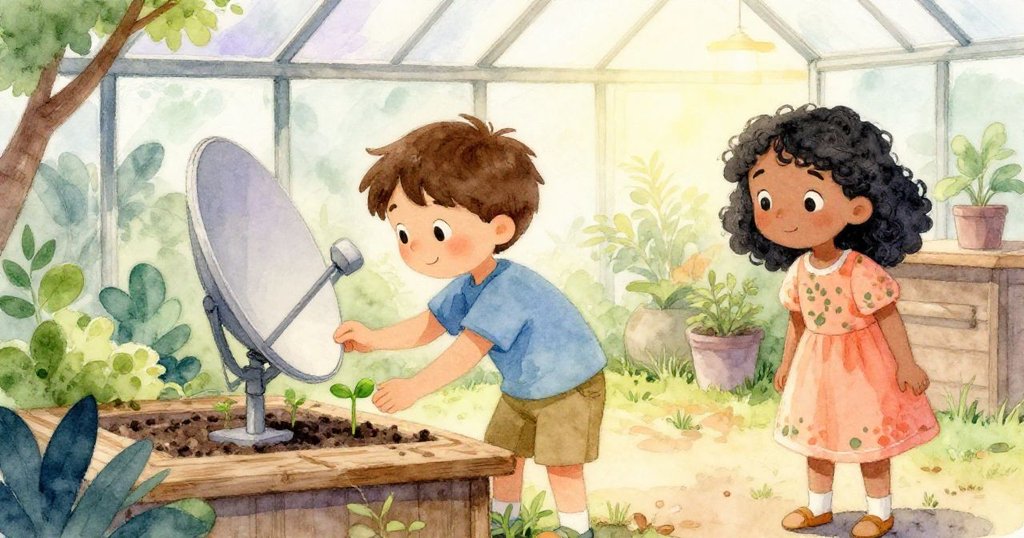 Mira細心調整衛星盤，Lucas溫柔注視著剛冒出的小苗，溫室恢復平靜，兩人互換安心微笑，充滿希望。