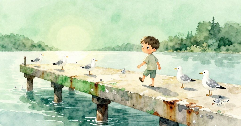 早晨的碼頭上，Leo邊走邊探險裂縫中的積水池與小海鳥，臉上充滿期待與好奇。