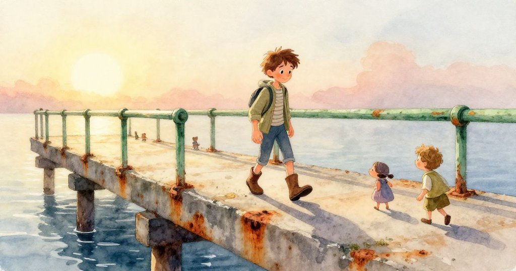 Leo仔細觀察剝落銹跡的欄杆，手持筆記本和測量桿，感受歷史痕跡與晨光交織的溫柔情景。