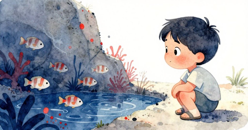 透過低角度觀察，Leo蹲在潮池邊看著條紋小魚穿梭水草，神情充滿驚奇與好奇。