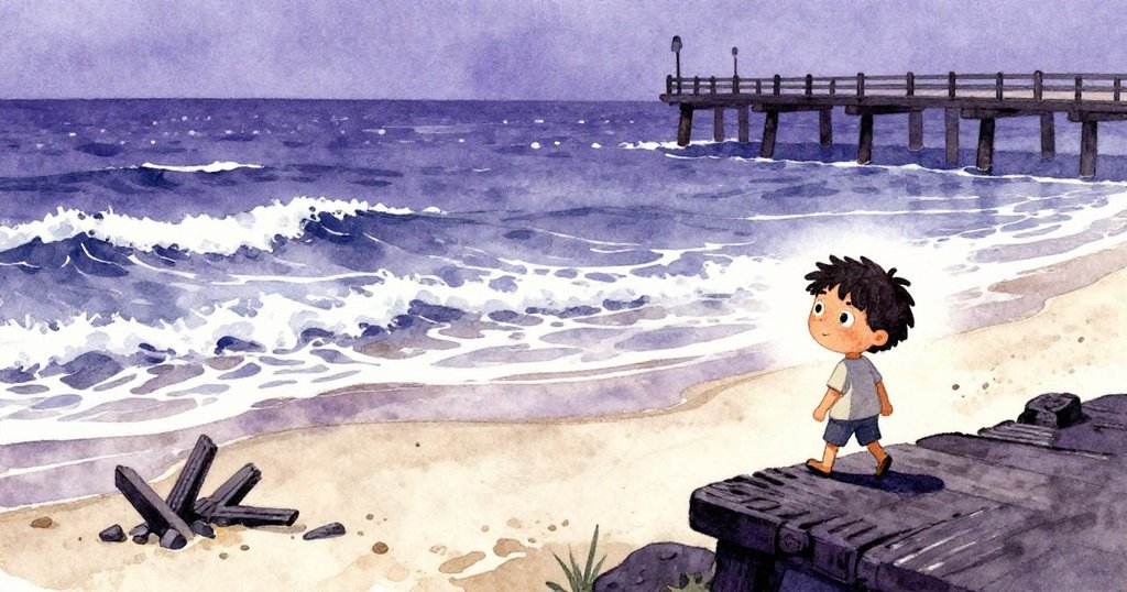 Leo在廣闊海景下觀察翻滾海浪與散落防波塊，背景自然風光與人為痕跡交織，表情沉思。