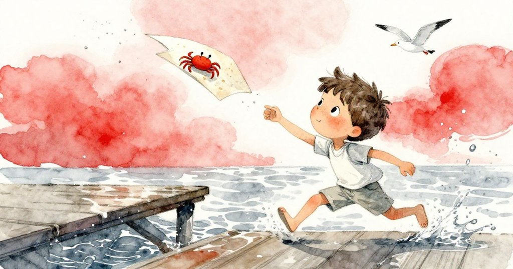 Leo驚喜地衝向濕潤的碼頭，伸手抓住隨浪漂流的筆記頁，一隻螃蟹穩立其上，動感水花飛濺。