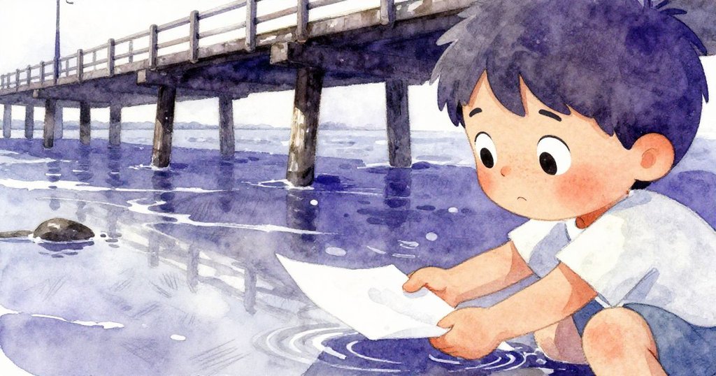 在寧靜的碼頭邊，Leo溫柔地撿起浸濕的筆記頁，筆跡與海鹽融合，臉上流露出深沉與反思的情感。