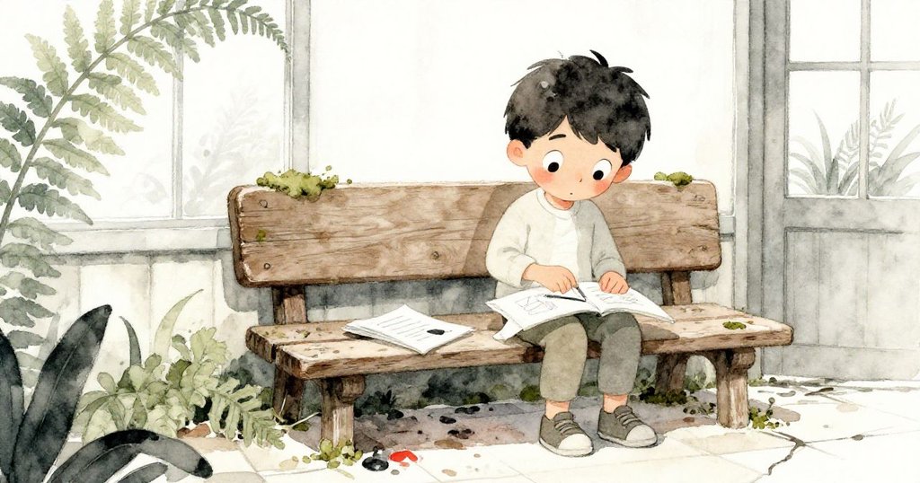 米洛坐在風化木椅旁，踱步於破裂地磚和蕨類植物之間，準備展開繪畫記錄，動作專注且溫柔