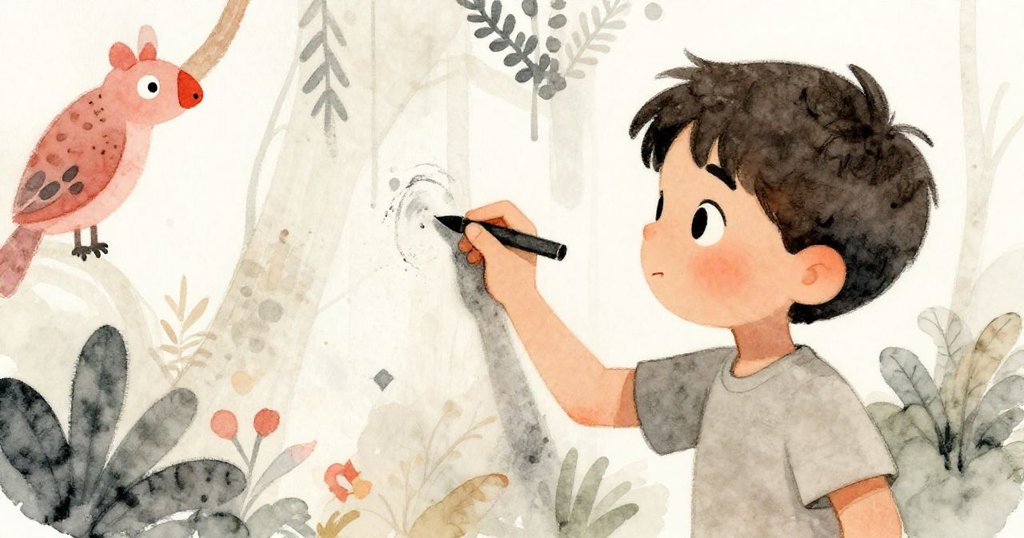 米洛用炭筆細描斑駁雨林畫作上蜿蜒藤蔓，手勢專注，背景日光柔和，展現時光流逝的美感