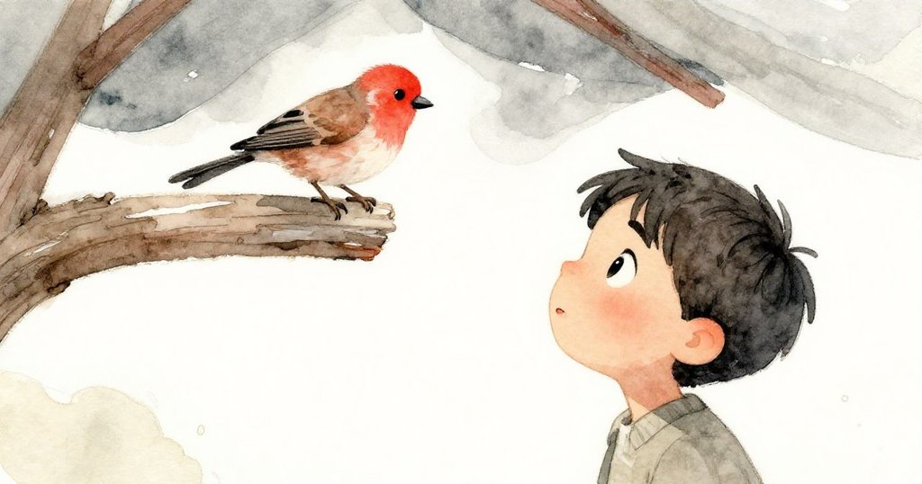 米洛抬頭驚喜地看著倒吊於斑駁木梁上的鳥，鳥翼呈肉桂色，光影交錯間自然與藝術完美融合