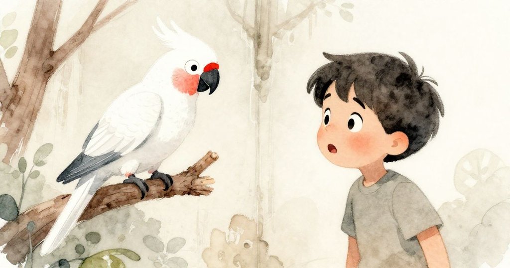 米洛目不轉睛地看著鳥兒跳上與舊畫中鸚鵡對齊的枝頭，動態場面充滿奇幻與驚喜