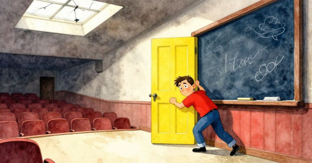 馬克推開沉重廳門進入老舊禮堂，塵埃飛舞中他好奇堅定，充滿期待與探索感。