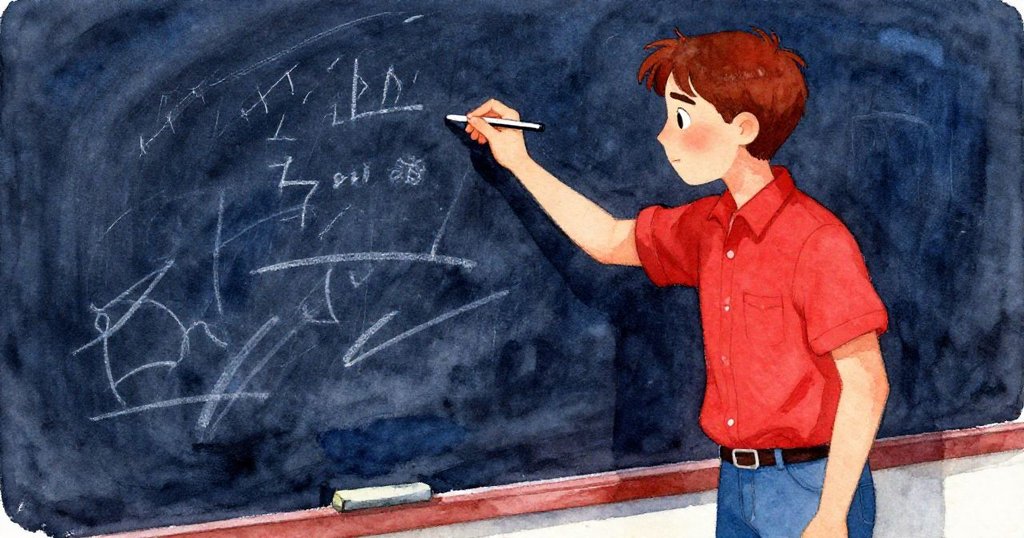 馬克專注擦拭斑駁黑板，細看淡去樹葉與松鼠符號，表情專注細膩，畫面呈現淡淡懷舊感。