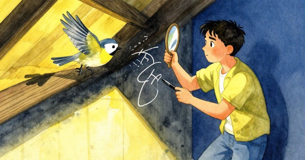 鳥瞰畫面中，馬克調整手中小鏡，房頂一隻小鳥輕舞散落微塵，營造出活潑靈動氛圍。