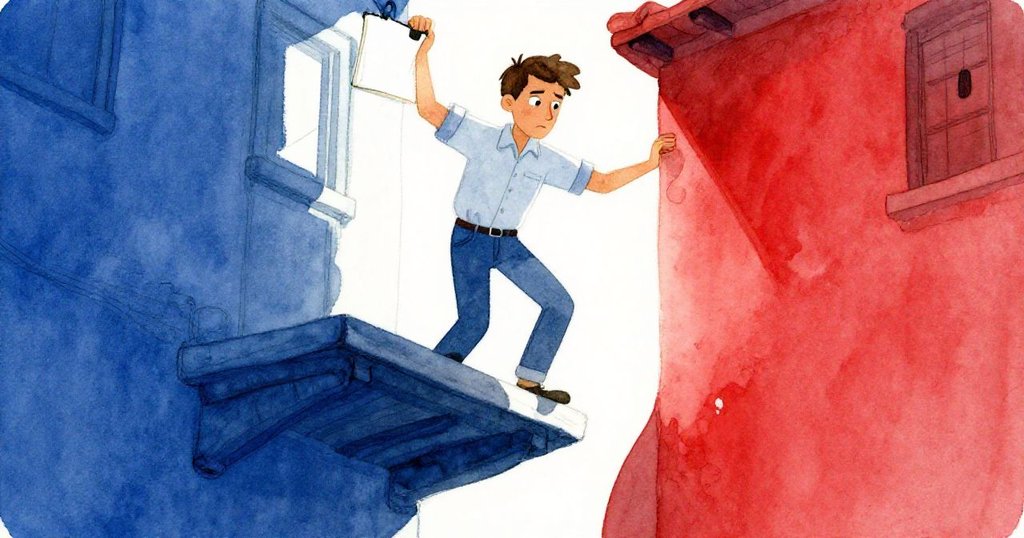 馬克拖來椅子登上窄陽台，撐著畫板觀察黑板細節，光線變換中流露出堅定與創意。