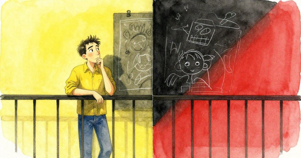 馬克站在陽台欄杆後做出決定，用分割畫面記錄黑板符號，表情沉思具體展現堅定信念。