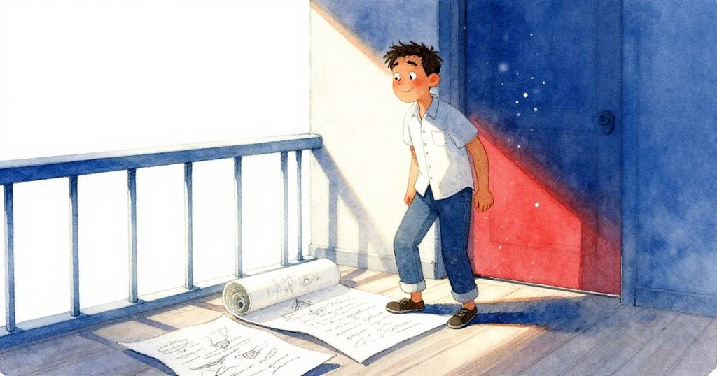 馬克滿意地走下陽台，手持完成作品，滿地紙頁與塵光交織，場景洋溢著達成與欣慰之情。