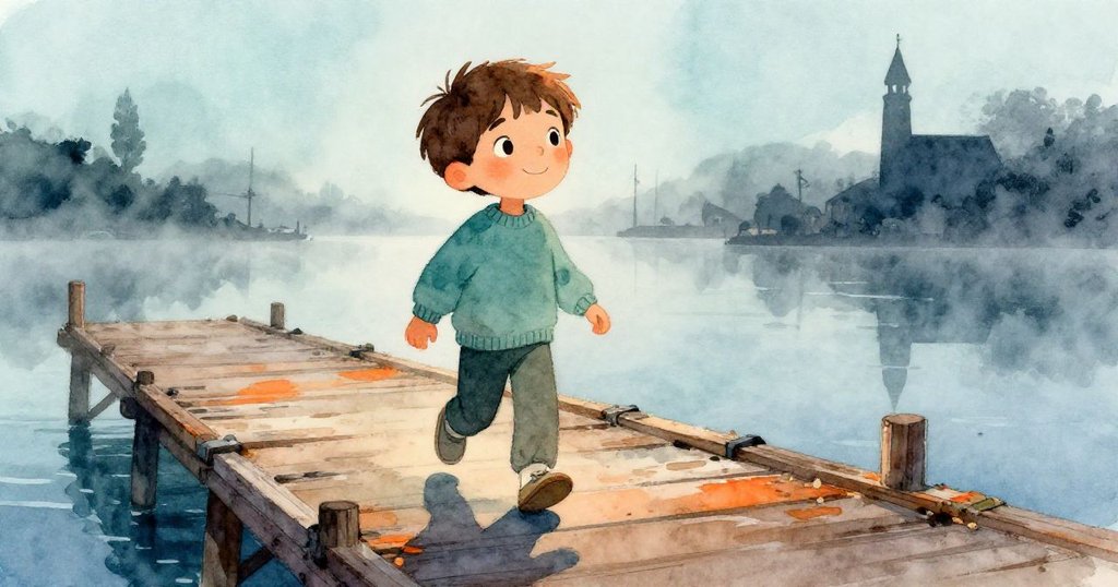 Milo踏上霧氣瀰漫的老碼頭，手持畫冊，背景是海面和斑駁的欄杆，充滿期待與好奇。