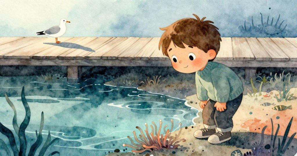 Milo彎腰在潮池邊凝視搖曳的雜草和游動的小魚，遠處海鷗影子掠過，充滿驚奇。